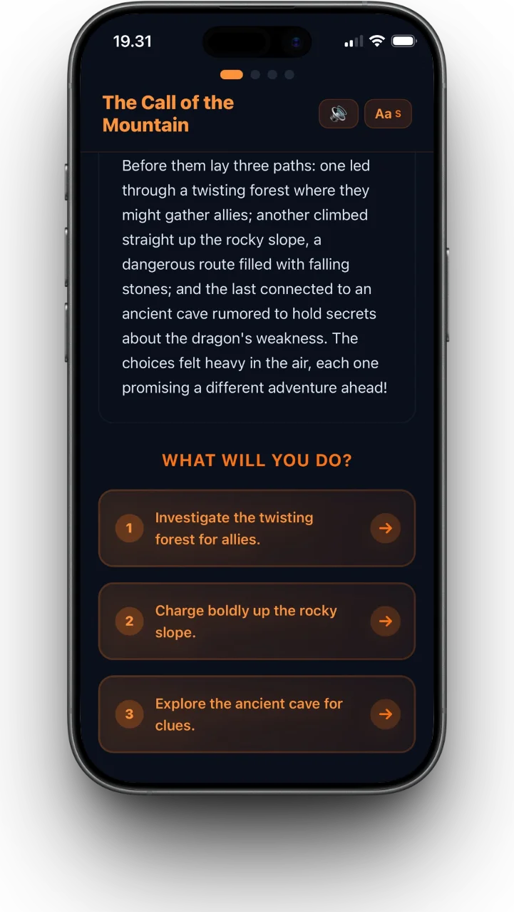 GoodKnight Stories app showing an interactive story chapter with three choices