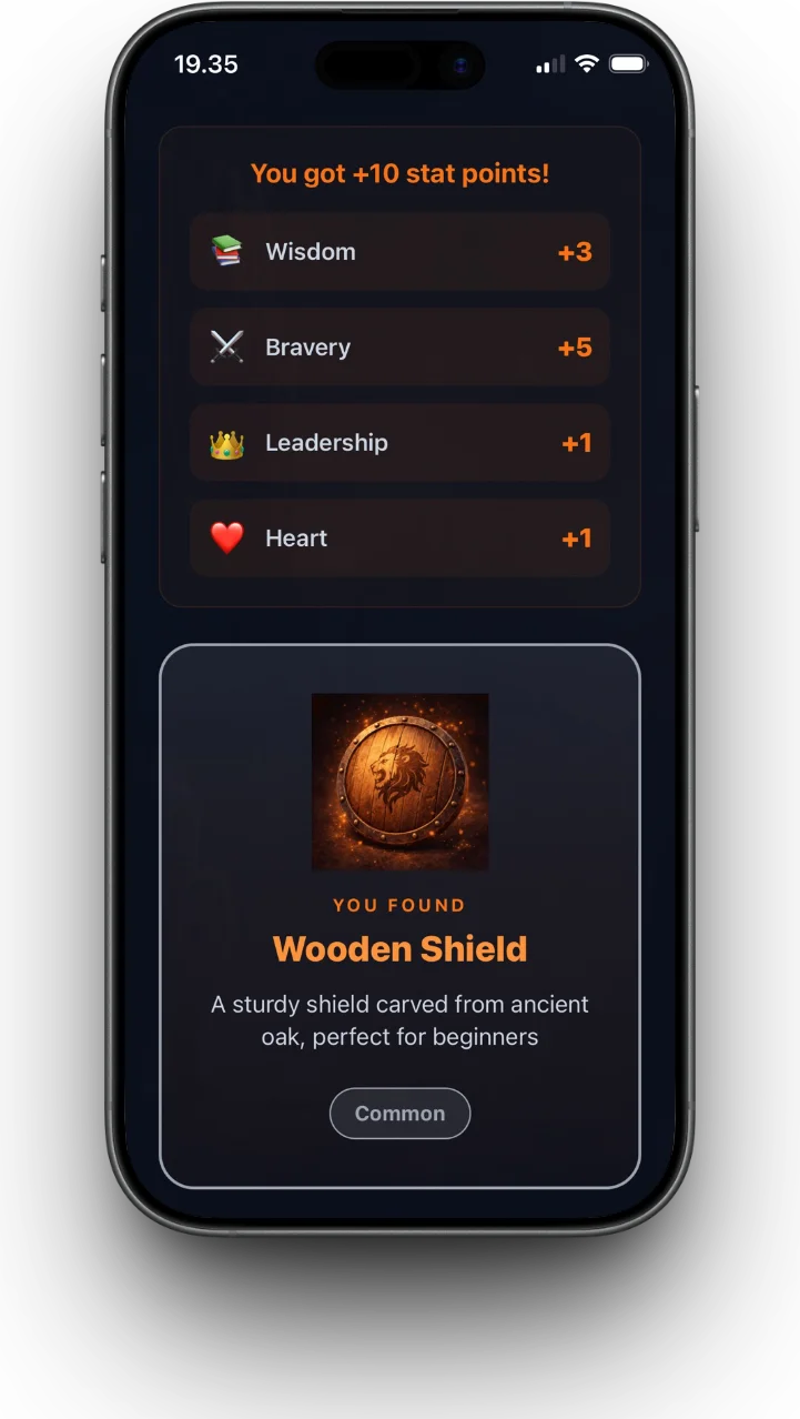 Story completion screen showing stat points and item reward